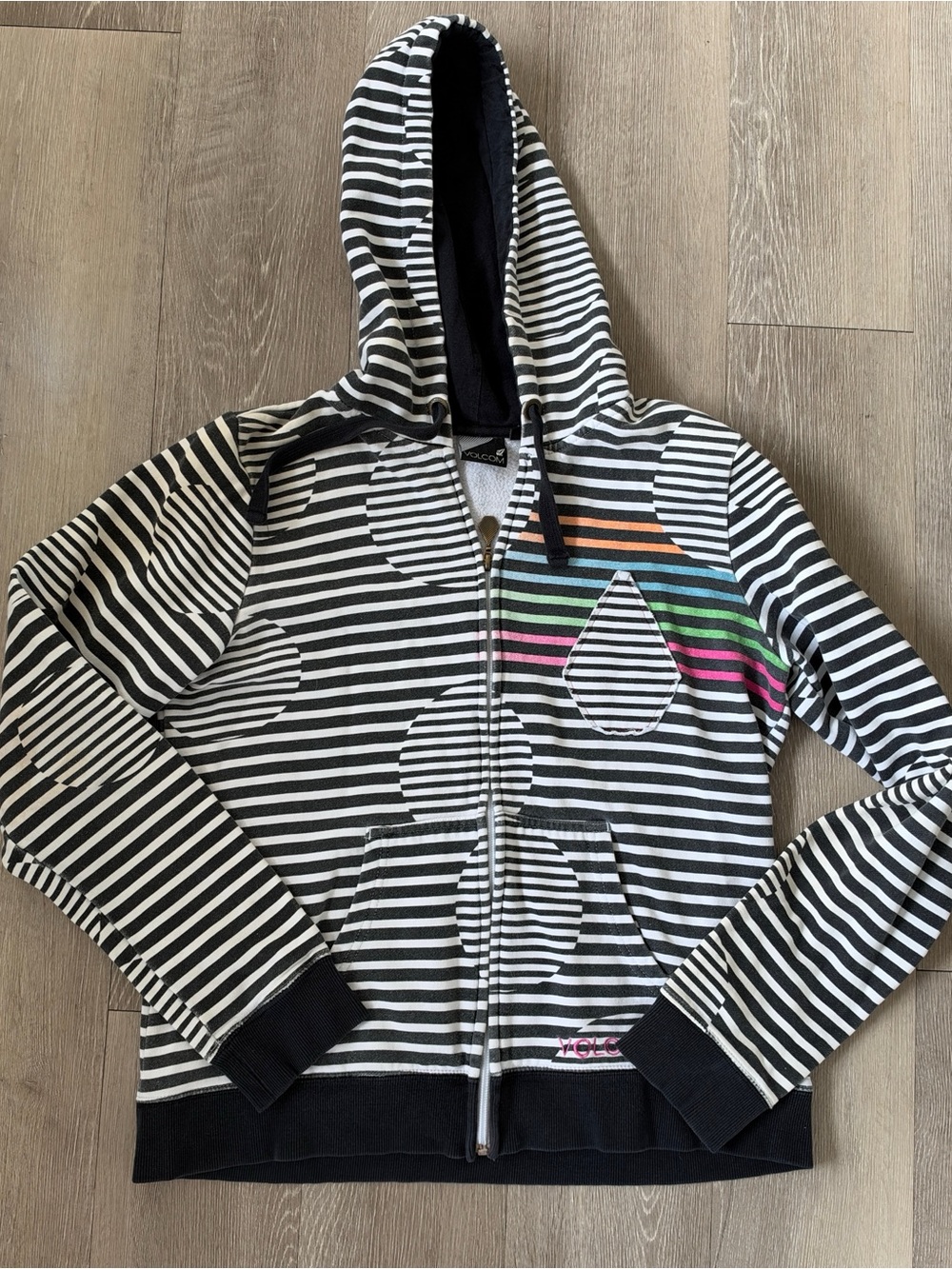 Volcom Black & White Striped Zip Hoodie with Color Chest Stripes